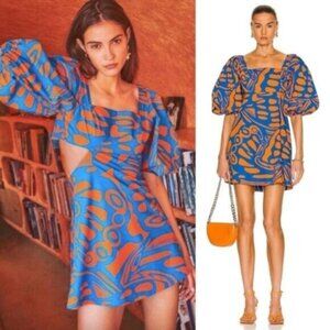 Alexis Bodhi Indigo Blue Orange Puff Sleeve Cut Out Mini Dress Size M